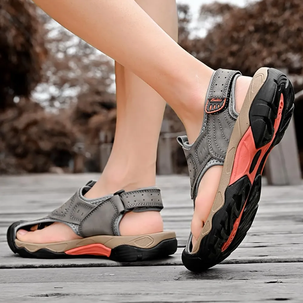 ailishabroy Men's Sport Sandals Outdoor Hiking Leather Closed Toe Sandals
