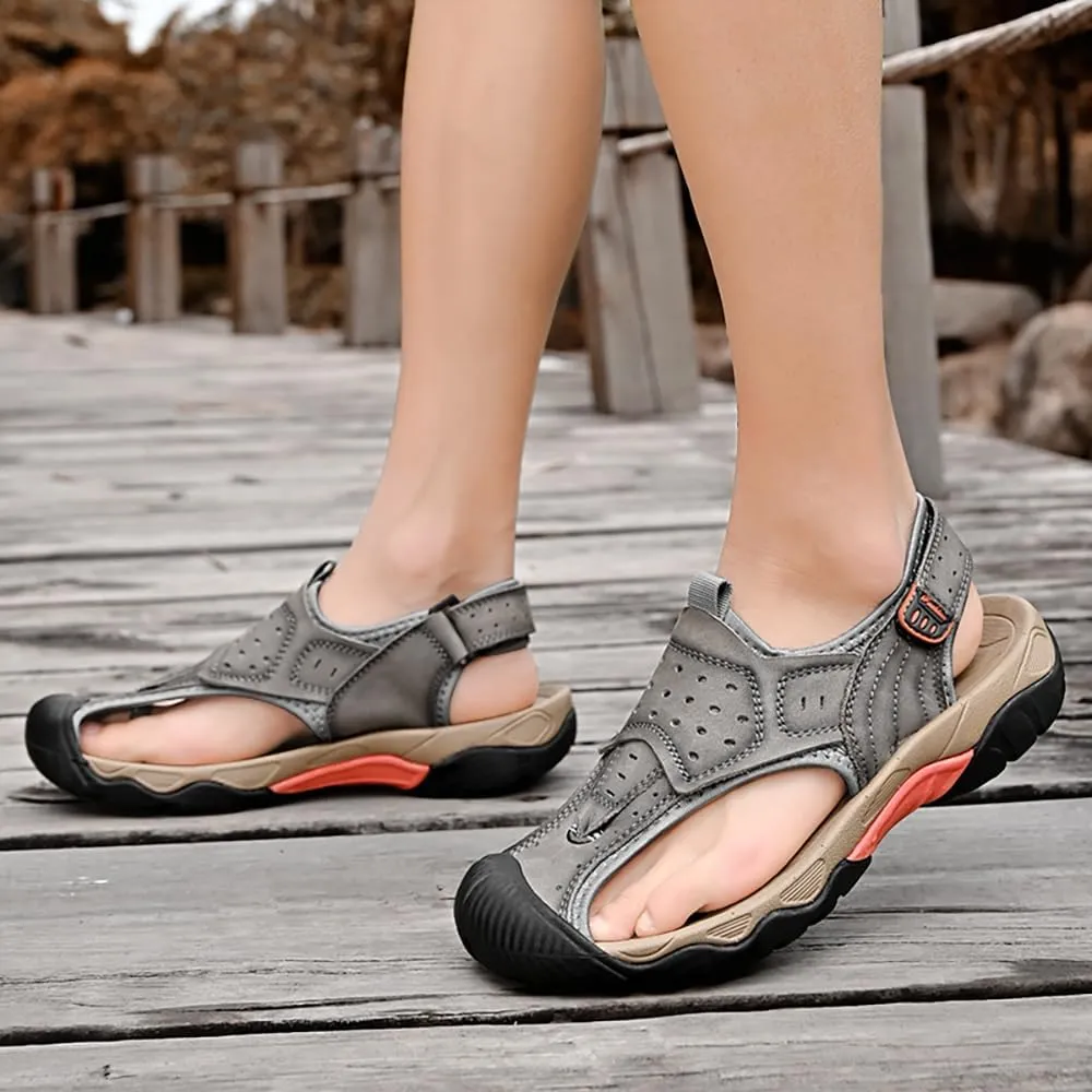 ailishabroy Men's Sport Sandals Outdoor Hiking Leather Closed Toe Sandals