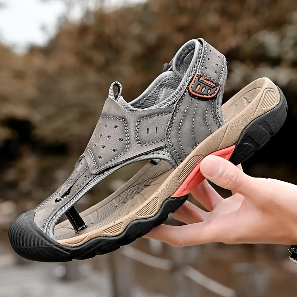 ailishabroy Men's Sport Sandals Outdoor Hiking Leather Closed Toe Sandals