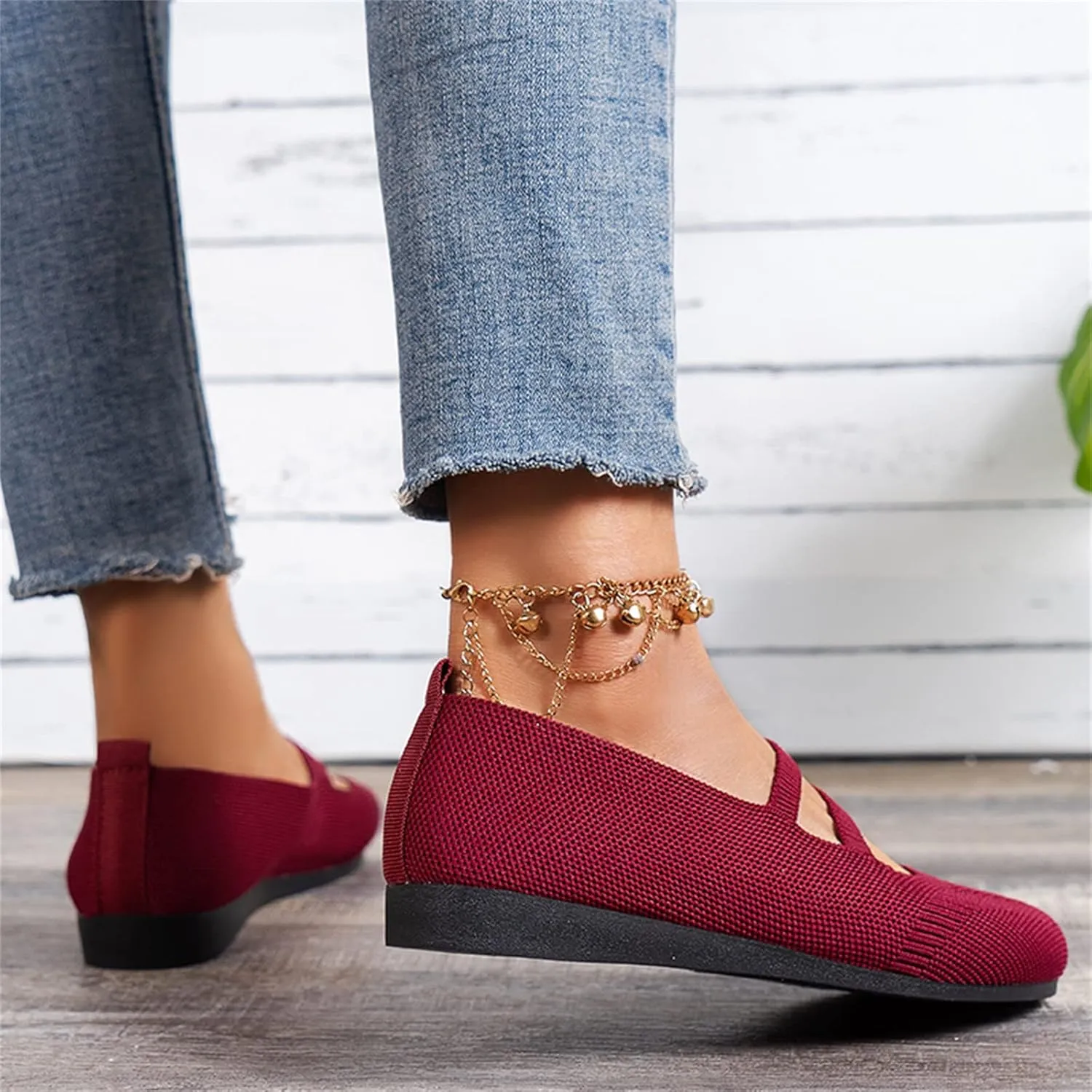 AMDBEL Flats Shoes Women Dressy Comfortable Women's Ballet Flats Shoes Crochet Knit Mesh Round Toe Slip Casual Ballet Flats