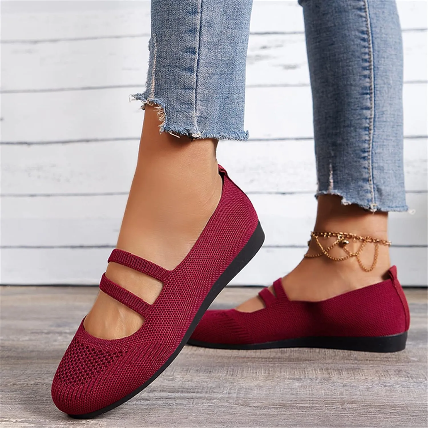 AMDBEL Flats Shoes Women Dressy Comfortable Women's Ballet Flats Shoes Crochet Knit Mesh Round Toe Slip Casual Ballet Flats