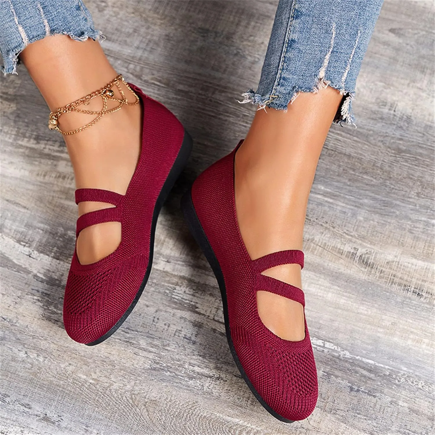AMDBEL Flats Shoes Women Dressy Comfortable Women's Ballet Flats Shoes Crochet Knit Mesh Round Toe Slip Casual Ballet Flats