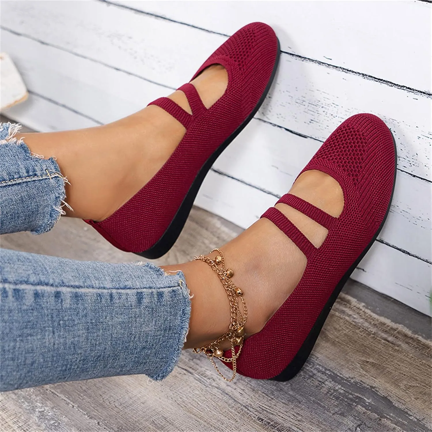AMDBEL Flats Shoes Women Dressy Comfortable Women's Ballet Flats Shoes Crochet Knit Mesh Round Toe Slip Casual Ballet Flats