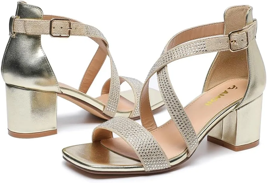 Amoji Women's 2.5 Inch Low Heel Ankle Strap Dressy Sandals 301