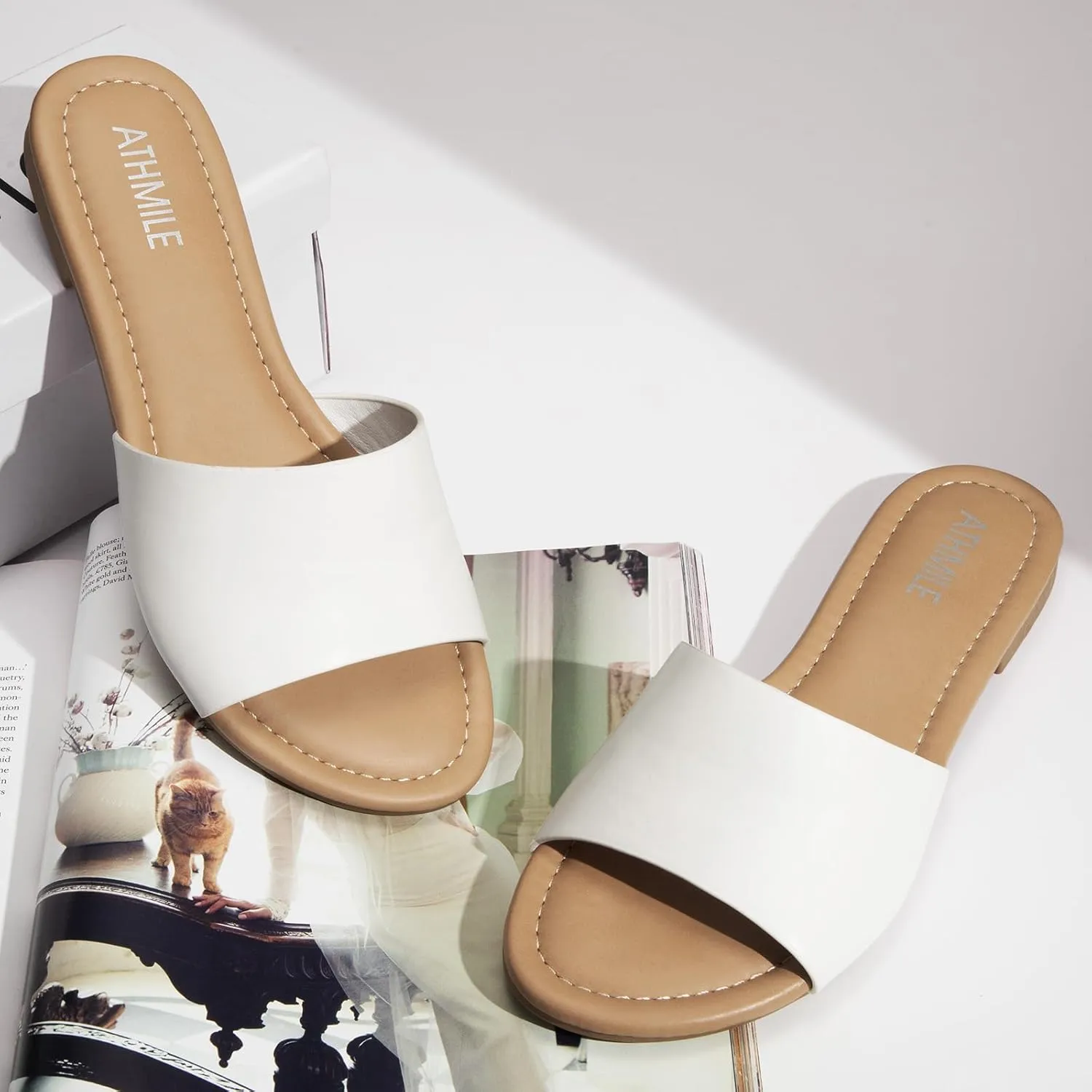 ATHMILE Sandals for Women 2025 One Band Womens Sandals Dressy Open Toe Flats Summer Slides for Casual Party Cute Beach