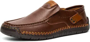 AUNTHUI Men's Slip-On Loafers &Slip-Ons,Hand-Stitched Soft Non-Slip Comfortable Casual Leather Shoes,Outdoor Wide Driving Shoes
