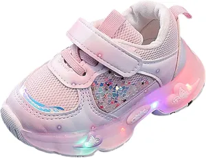 Baby Girls Mesh Lights up Sneakers Non Slip Hook Loop Breathable Princess Sport Shoes Toddler Casual Walking Shoes