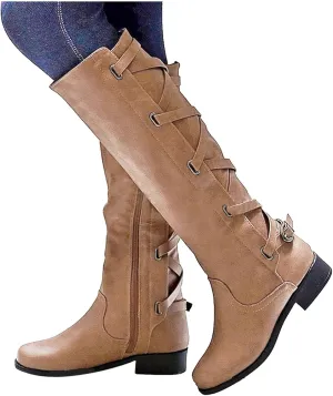 Boots for Women,Over The Knee Boots Combat Style Hiking Boots Motorcycle Boots Classic Lace Up Low Heel Shoes Retro Shoes