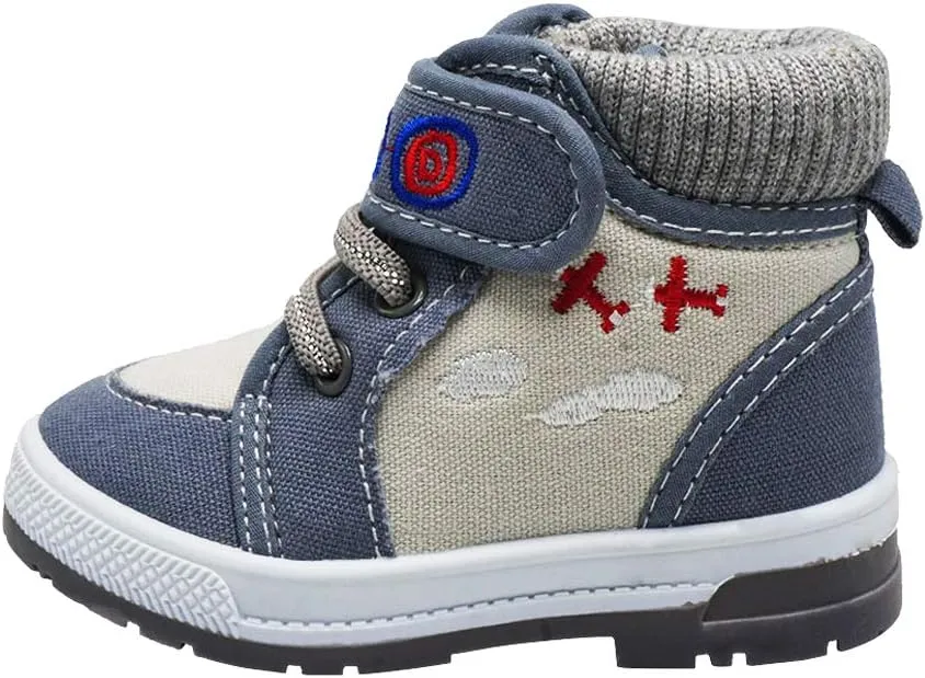 Boys Canvas Ankle Booties Knitted Collar Embroidered Hook and Loop Hiking Boots (Infant/Toddler/Littler Kid) Jet