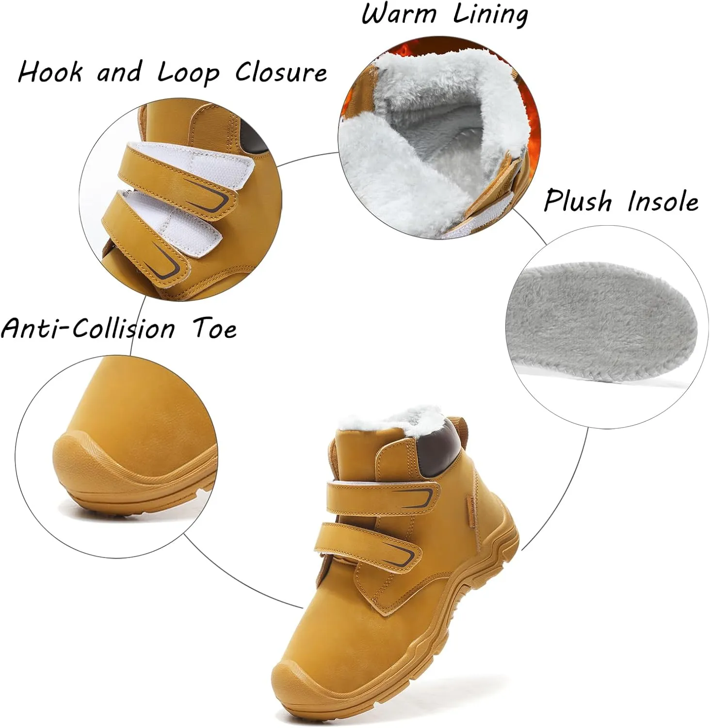 Boys Girls Winter Warm Outdoor Hiking Boots Comfortable Fur Lined Anti-Collision Water-Resistant Non-Slip Walking Snow Boots with Hook and Loop