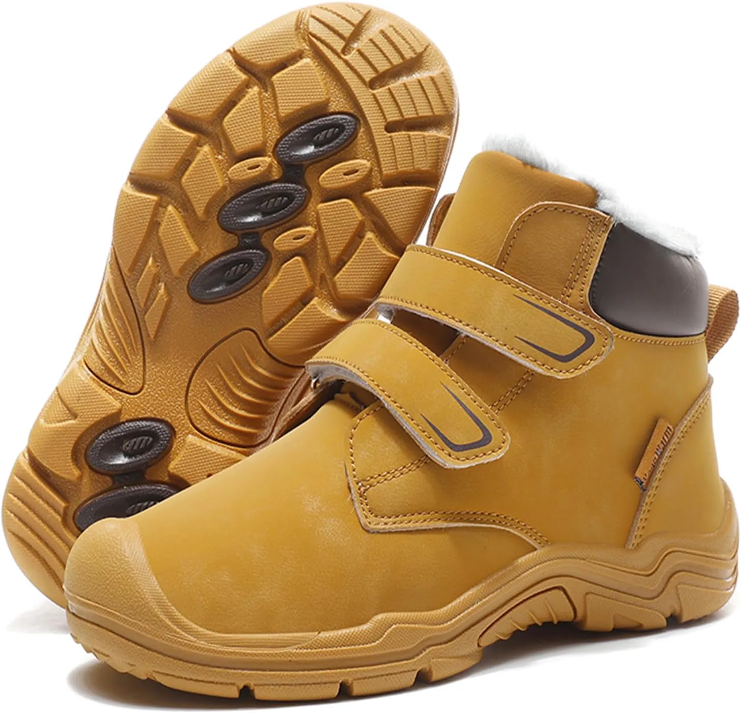 Boys Girls Winter Warm Outdoor Hiking Boots Comfortable Fur Lined Anti-Collision Water-Resistant Non-Slip Walking Snow Boots with Hook and Loop