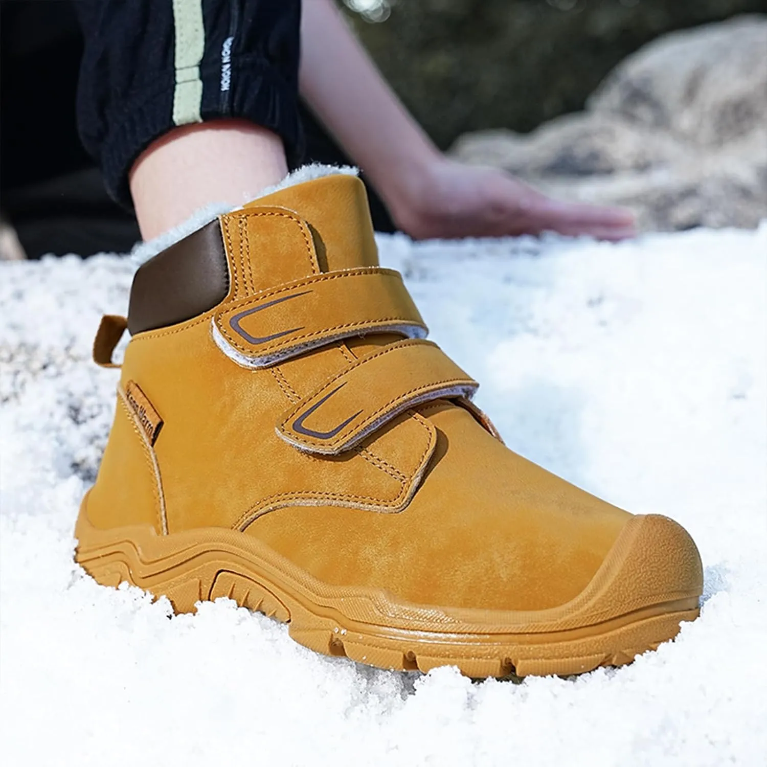 Boys Girls Winter Warm Outdoor Hiking Boots Comfortable Fur Lined Anti-Collision Water-Resistant Non-Slip Walking Snow Boots with Hook and Loop