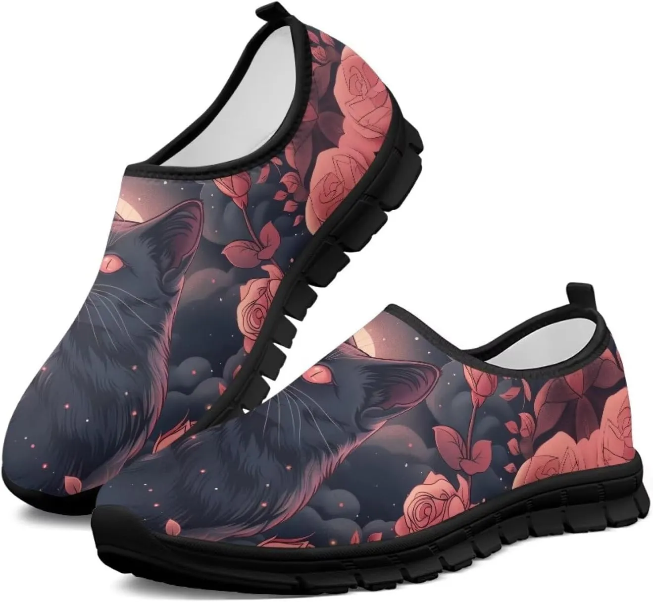 Cat Print Women's Slip Ons Loafers Soft Casual Mesh Sneakers Comfortable Non Slip Athletic Walking Shoes Black Sole Size 5.5-11.5
