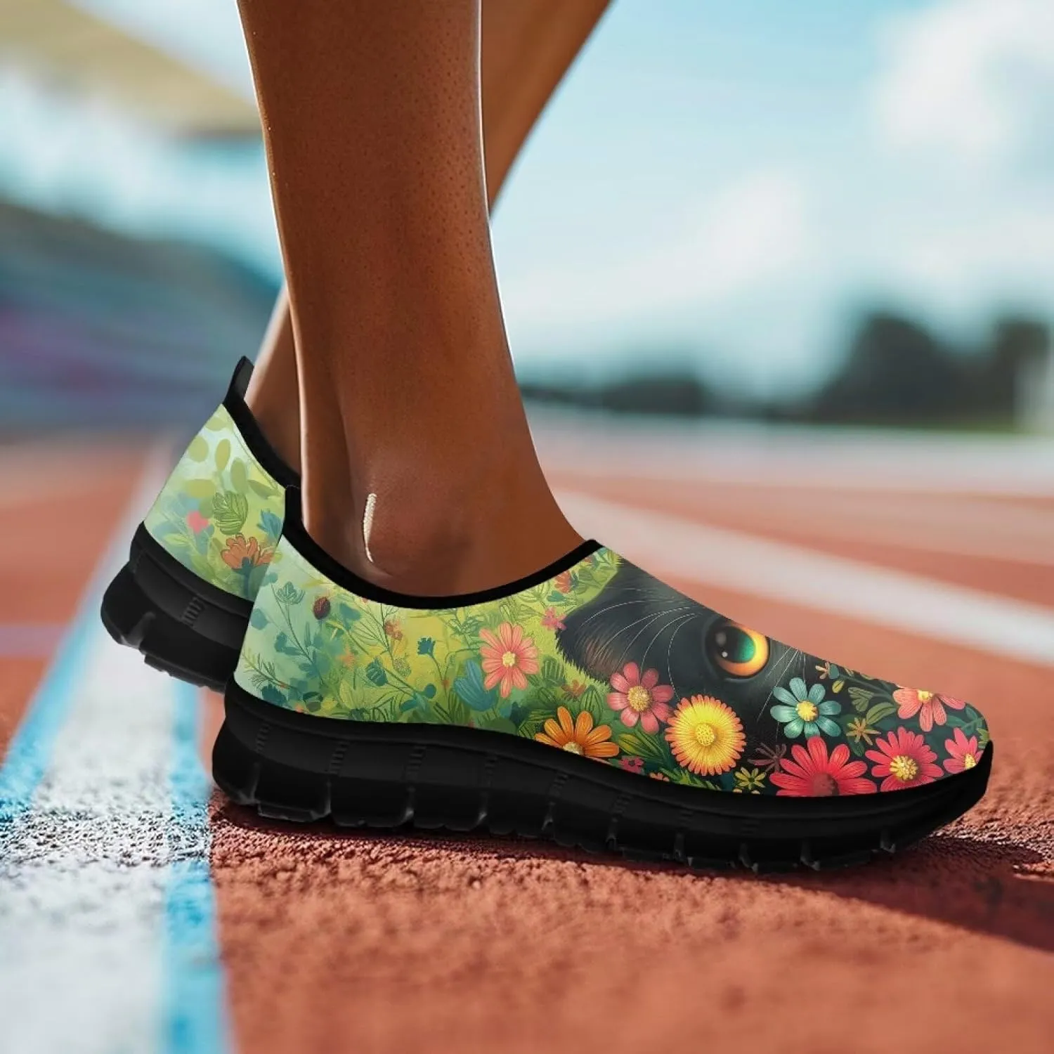 Cat Print Women's Slip Ons Loafers Soft Casual Mesh Sneakers Comfortable Non Slip Athletic Walking Shoes Black Sole Size 5.5-11.5