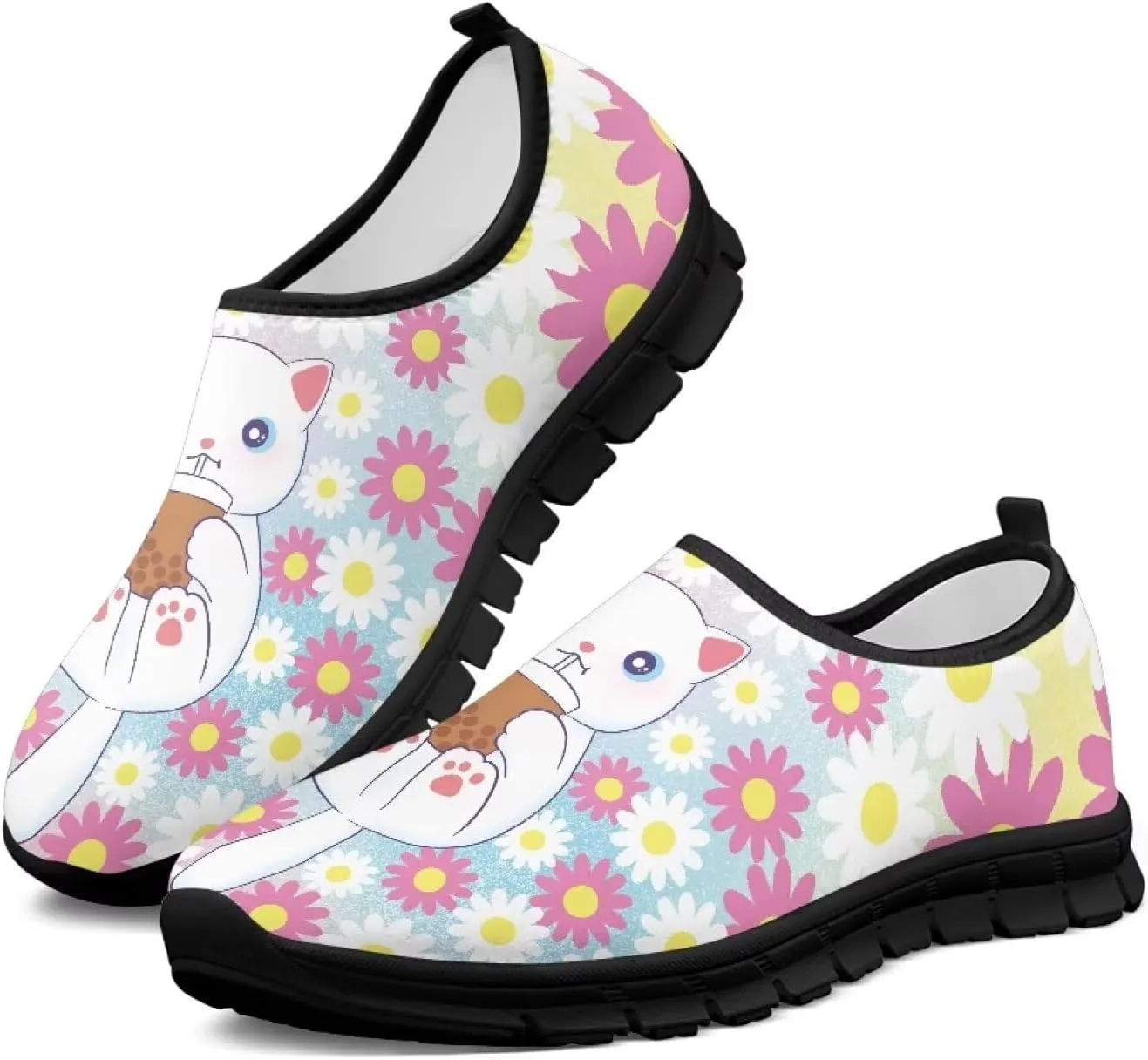Cat Print Women's Slip Ons Loafers Soft Casual Mesh Sneakers Comfortable Non Slip Athletic Walking Shoes Black Sole Size 5.5-11.5