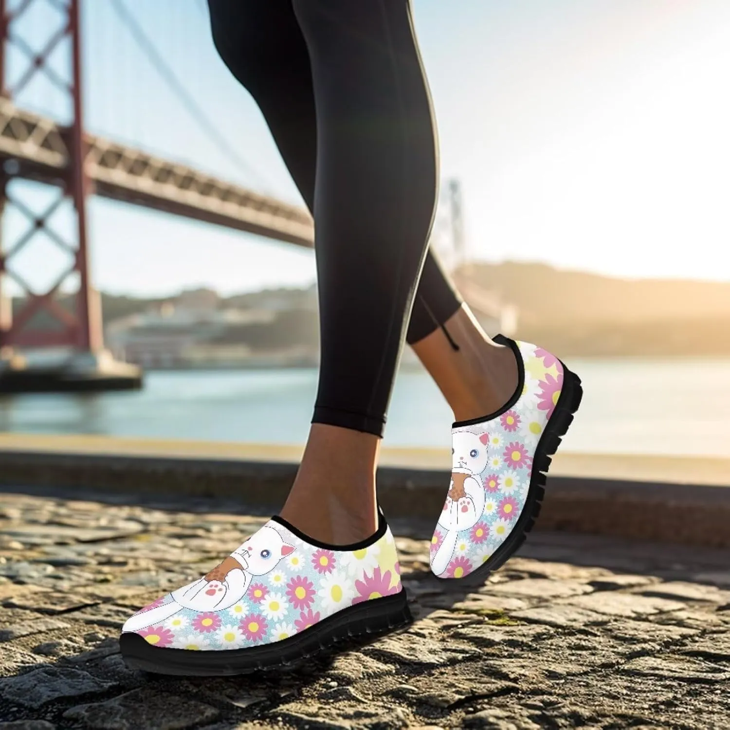 Cat Print Women's Slip Ons Loafers Soft Casual Mesh Sneakers Comfortable Non Slip Athletic Walking Shoes Black Sole Size 5.5-11.5