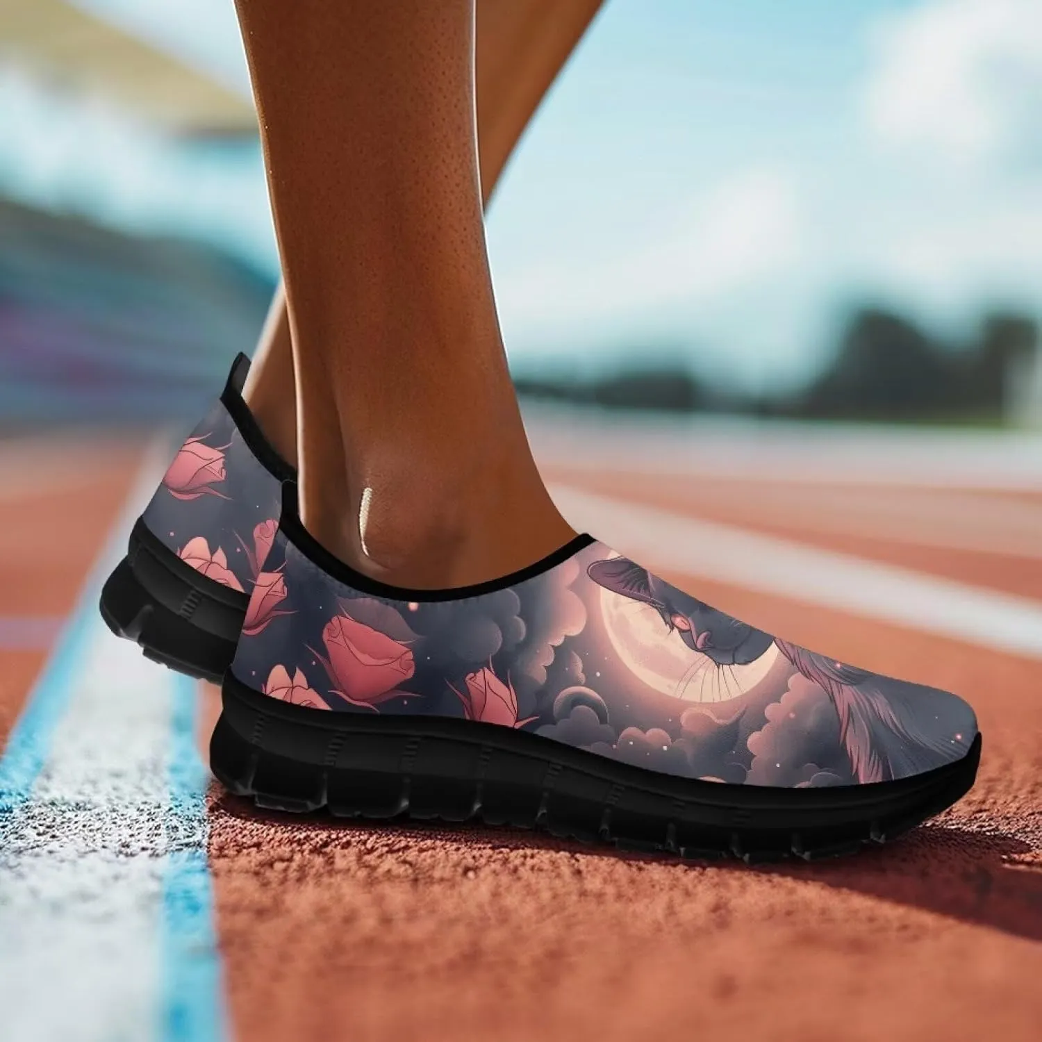 Cat Print Women's Slip Ons Loafers Soft Casual Mesh Sneakers Comfortable Non Slip Athletic Walking Shoes Black Sole Size 5.5-11.5