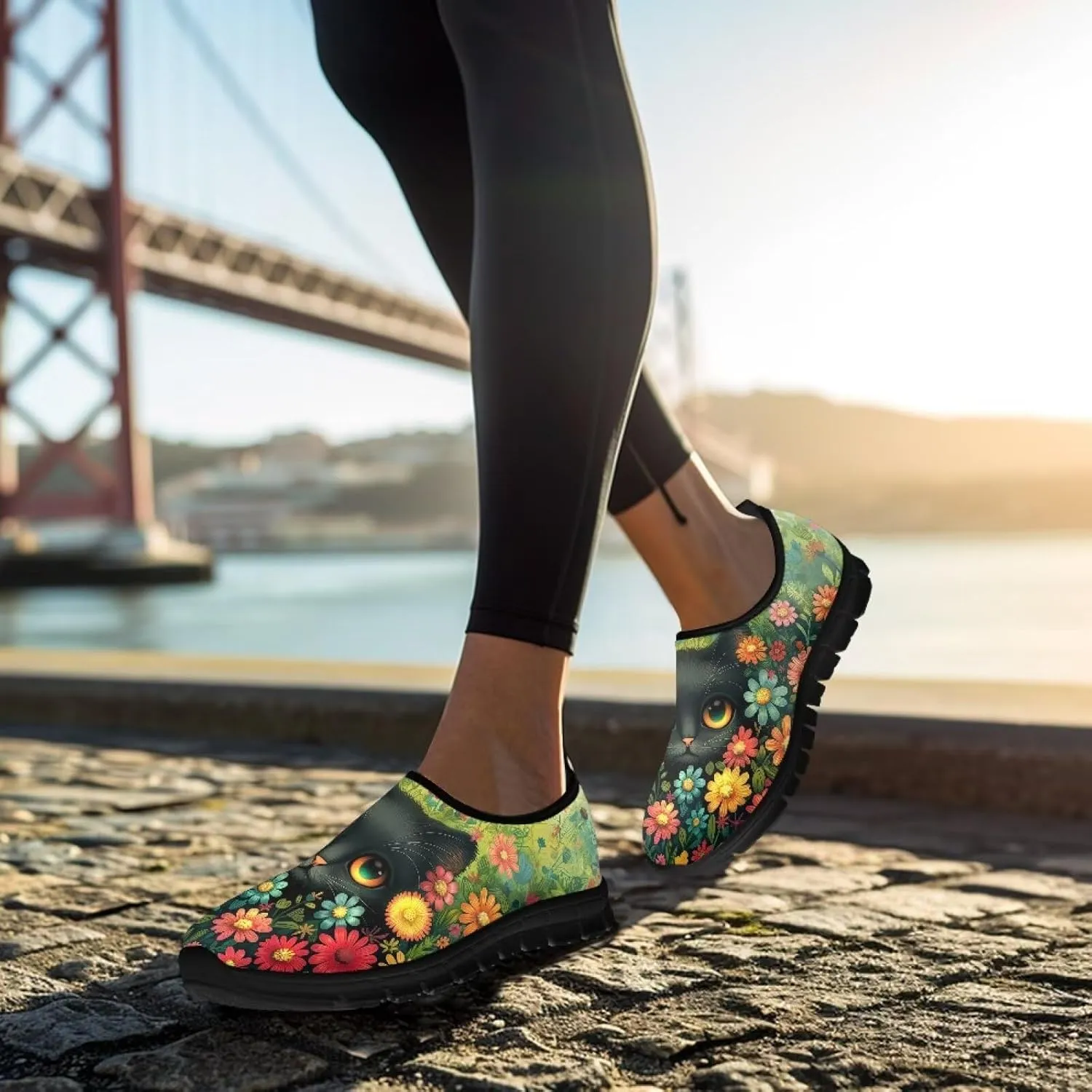 Cat Print Women's Slip Ons Loafers Soft Casual Mesh Sneakers Comfortable Non Slip Athletic Walking Shoes Black Sole Size 5.5-11.5