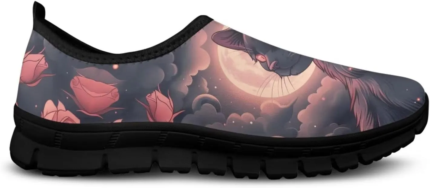Cat Print Women's Slip Ons Loafers Soft Casual Mesh Sneakers Comfortable Non Slip Athletic Walking Shoes Black Sole Size 5.5-11.5