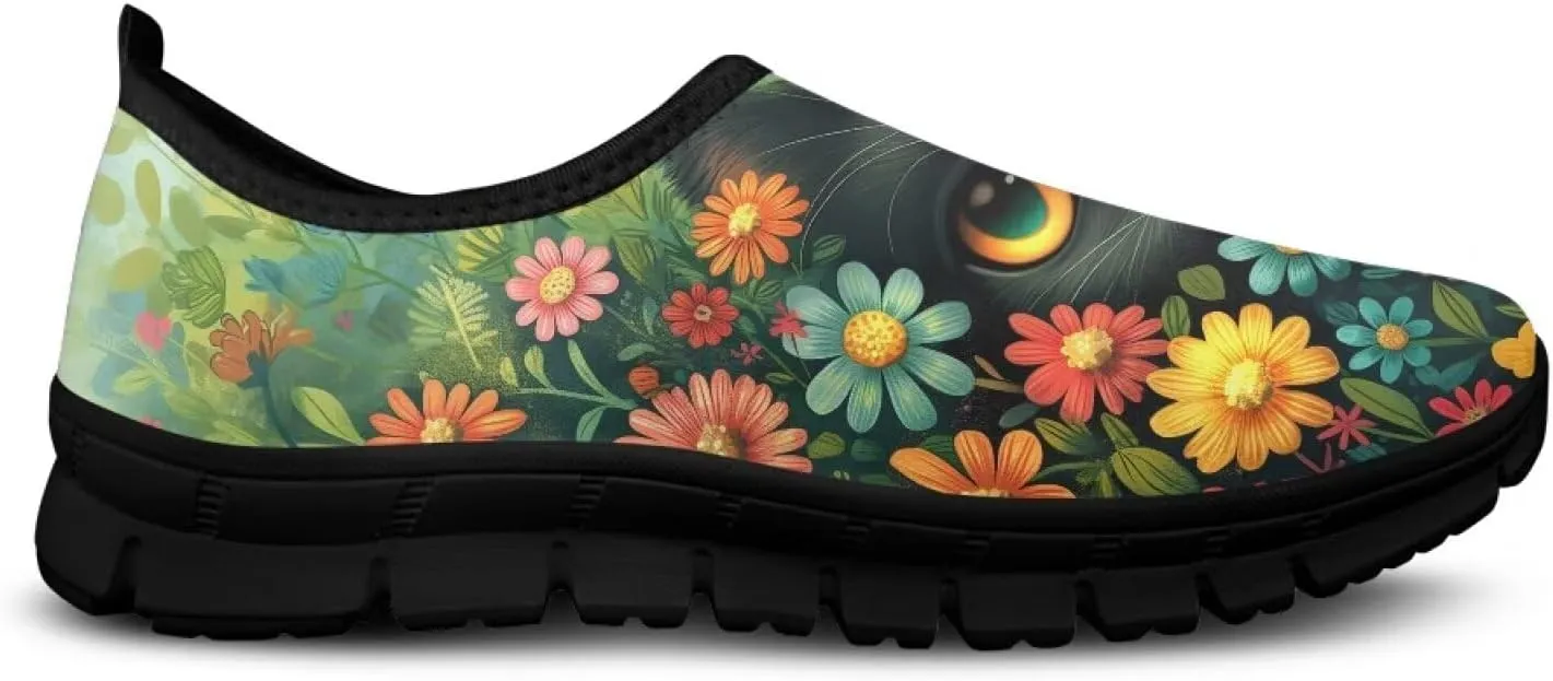 Cat Print Women's Slip Ons Loafers Soft Casual Mesh Sneakers Comfortable Non Slip Athletic Walking Shoes Black Sole Size 5.5-11.5