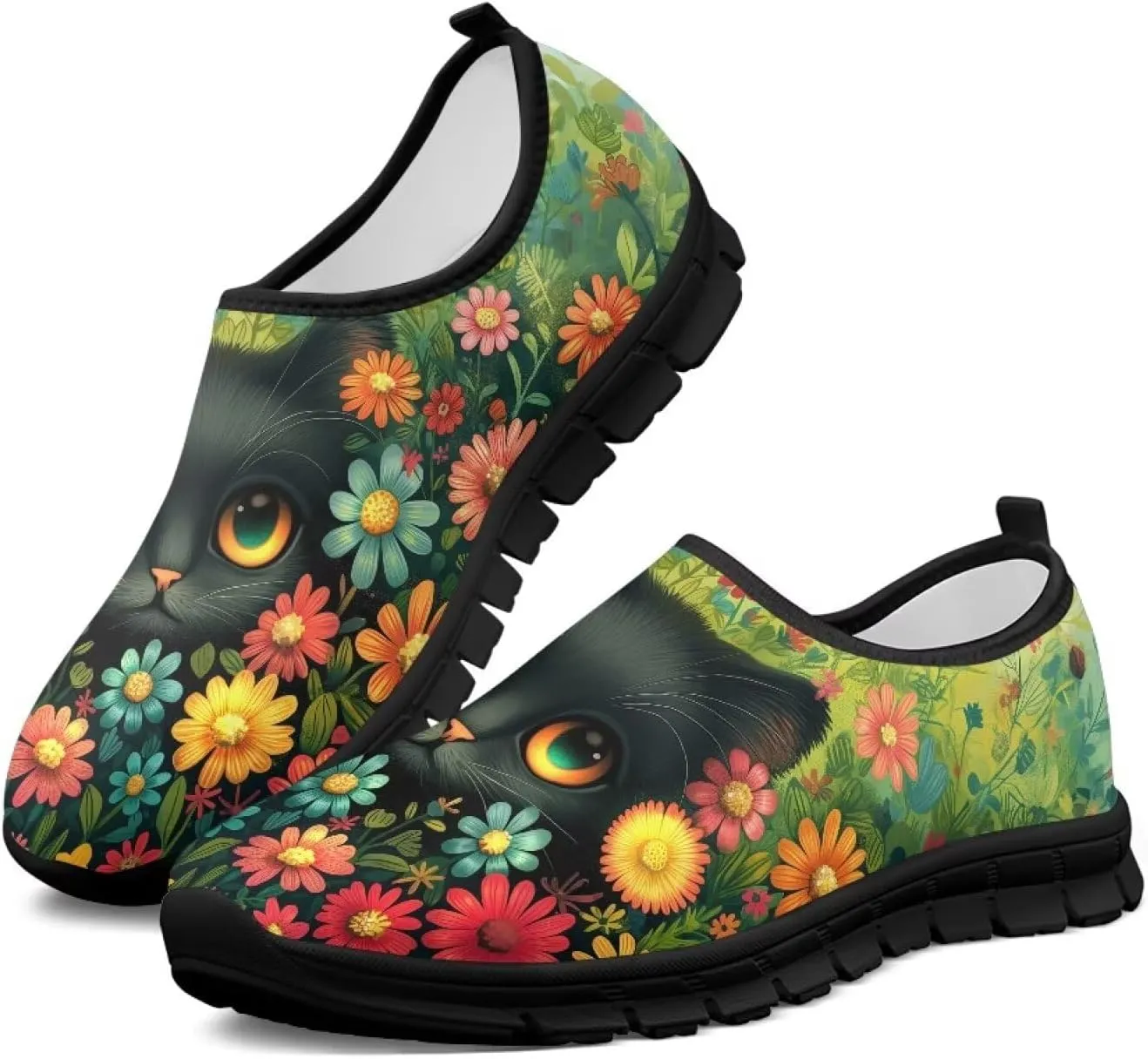 Cat Print Women's Slip Ons Loafers Soft Casual Mesh Sneakers Comfortable Non Slip Athletic Walking Shoes Black Sole Size 5.5-11.5