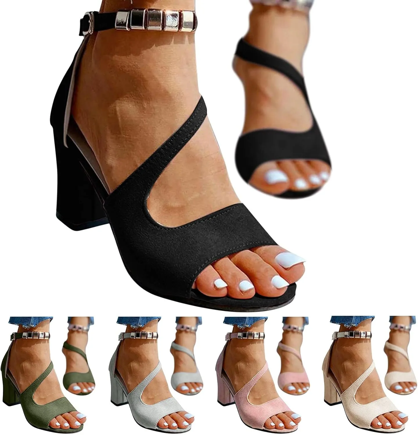 Cathalem Sandals Women,Buckle Strap Chunky Heel Sandals Beaded Fish Mouth High Heels Ankle Strap Sandals Pumps Boho Shoes