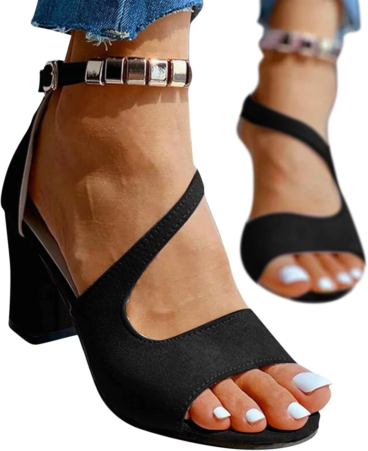 Cathalem Sandals Women,Buckle Strap Chunky Heel Sandals Beaded Fish Mouth High Heels Ankle Strap Sandals Pumps Boho Shoes