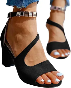 Cathalem Sandals Women,Buckle Strap Chunky Heel Sandals Beaded Fish Mouth High Heels Ankle Strap Sandals Pumps Boho Shoes