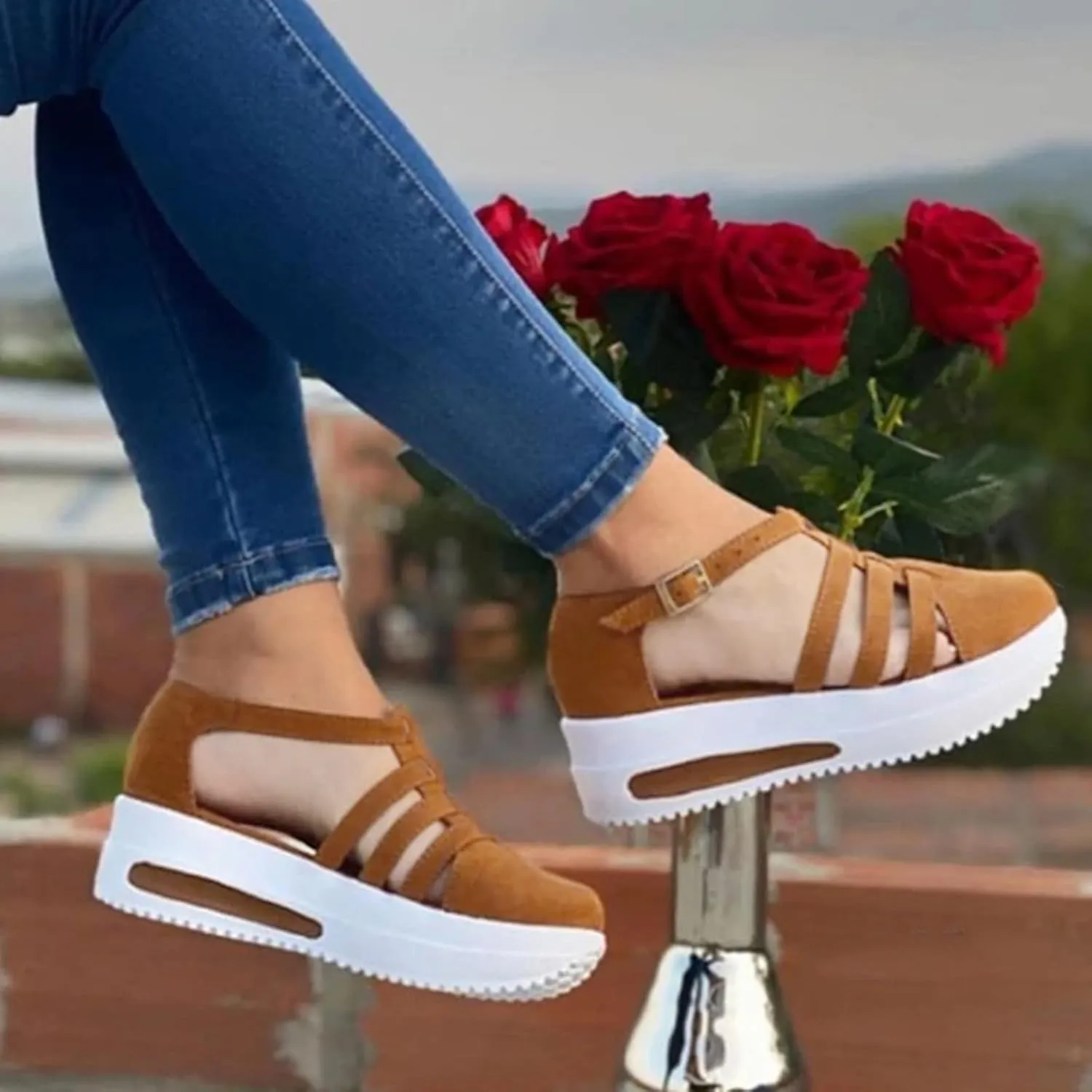 Closed Toe Sandals Women Womens Sandals Summer Casual Closed Toe Hollow Strappy Flat Sandals Buckle Strap Sandals