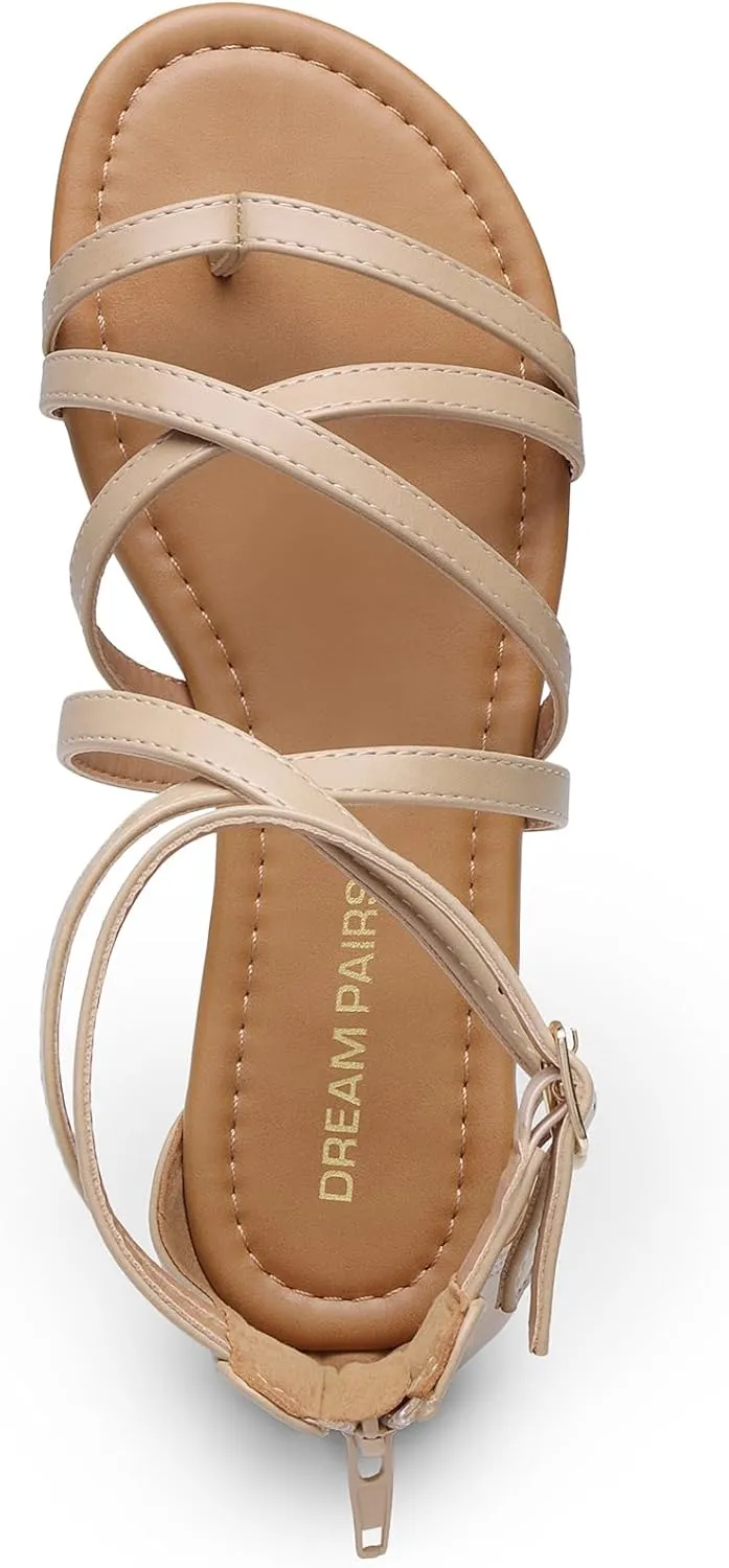 DREAM PAIRS Women's Dressy Gladiator Summer Cross Strappy Sandals Comfort Flat Casual Beach Fisherman Thong Sandals