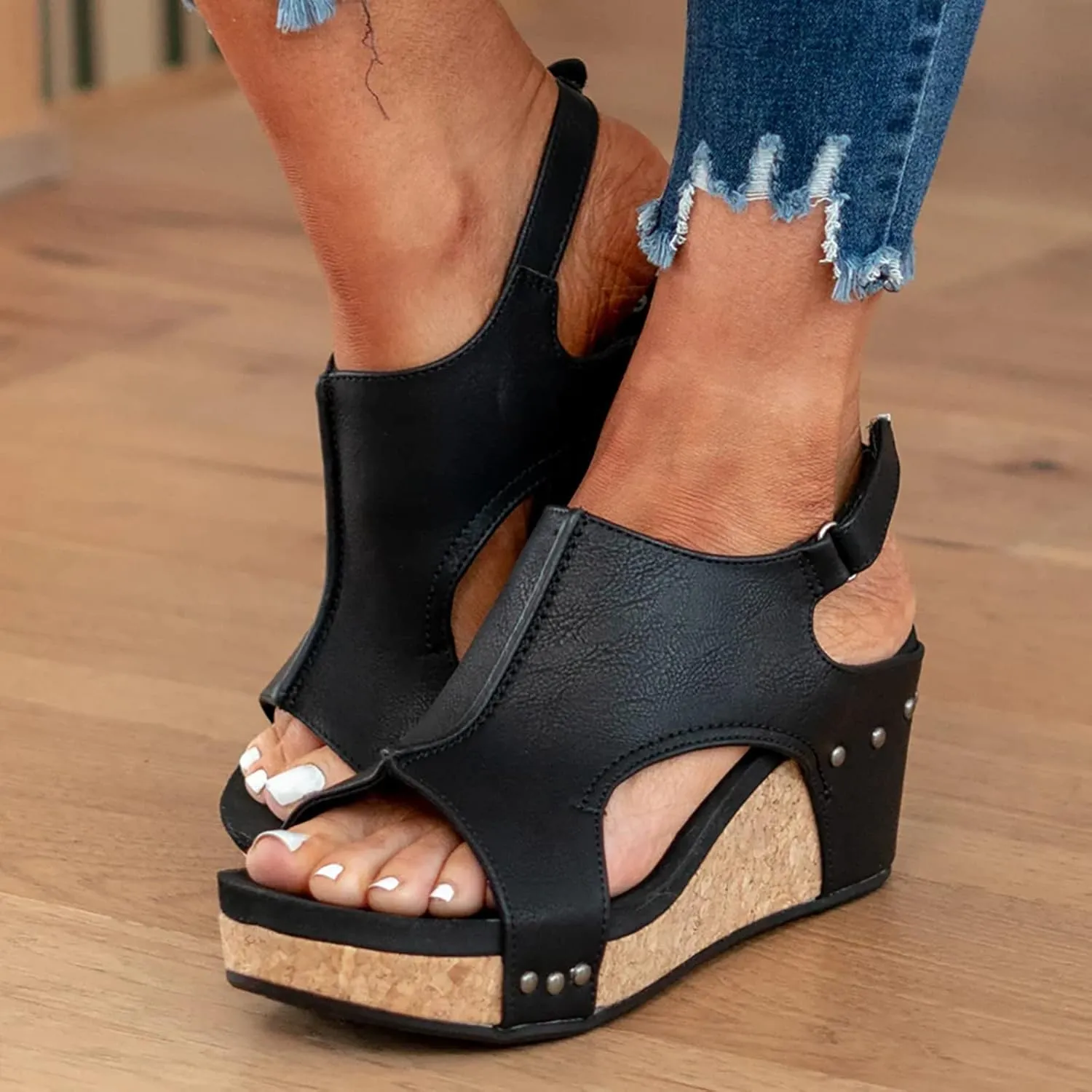 Eduavar Shoes for Women Sandals Dressy, Sandals Women Comfortable Wedge Platform Sandals Open Toe Hook and Loop Sandals