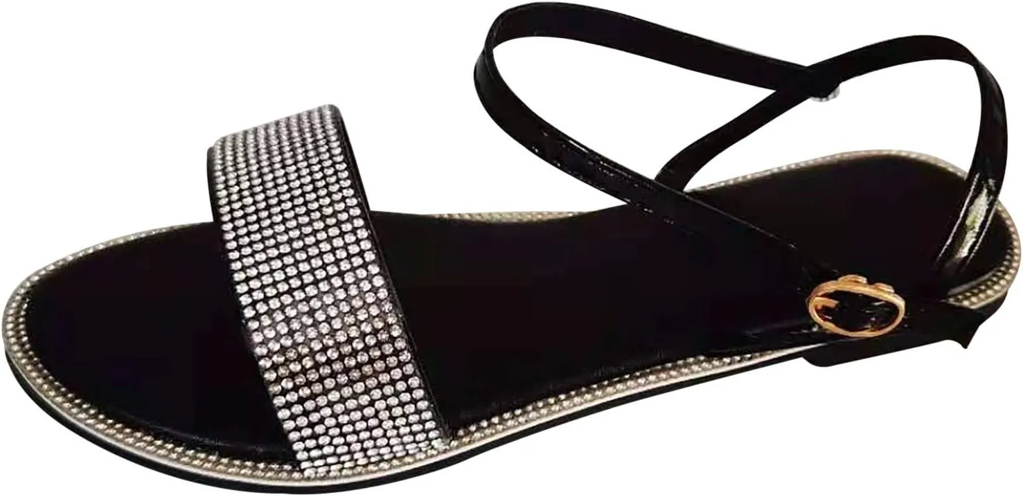 EMRELOD Sandals for Women Dressy Summer Flat Casual Summer Rhinestone Beaded Sparkly Bling Bohemian Lace Flower Sandal Comfortable Elastic Ankle Strap Beach Shoes (Black-a, 8)