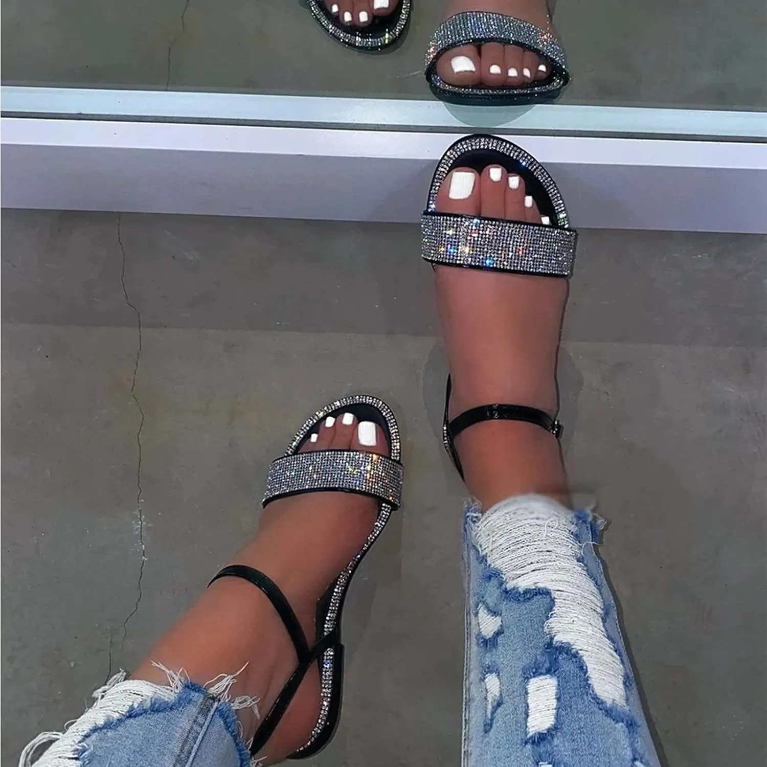 EMRELOD Sandals for Women Dressy Summer Flat Casual Summer Rhinestone Beaded Sparkly Bling Bohemian Lace Flower Sandal Comfortable Elastic Ankle Strap Beach Shoes (Black-a, 8)