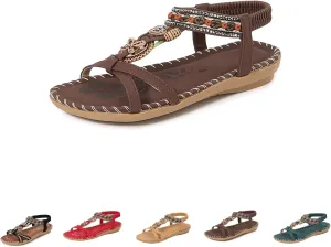 Flat Sandals for Women Dressy Open Toe Fashion Bohemian Lightweight Cushion Elastic Ankle Strap Summer Walking Shoes