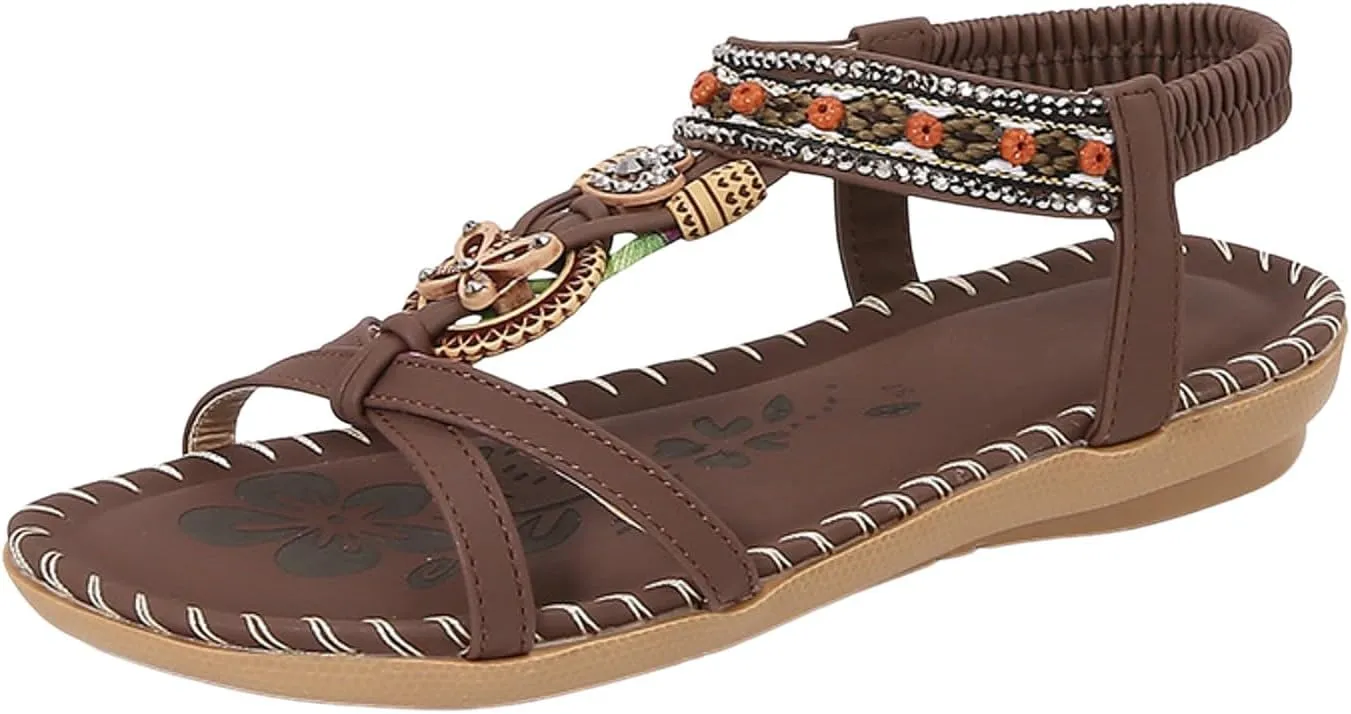 Flat Sandals for Women Dressy Open Toe Fashion Bohemian Lightweight Cushion Elastic Ankle Strap Summer Walking Shoes