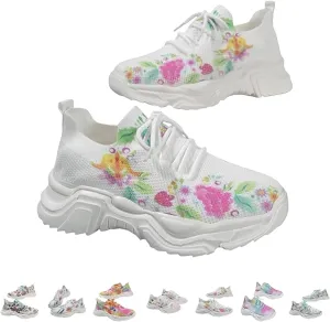 Floral Print Lace-Up Breathable Orthopedic Sneakers,Women's Mesh Breathable Sneakers,Anti-Slip Thick Soled Shoes.