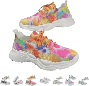 Floral Print Lace-Up Breathable Orthopedic Sneakers,Women's Mesh Breathable Sneakers,Anti-Slip Thick Soled Shoes.