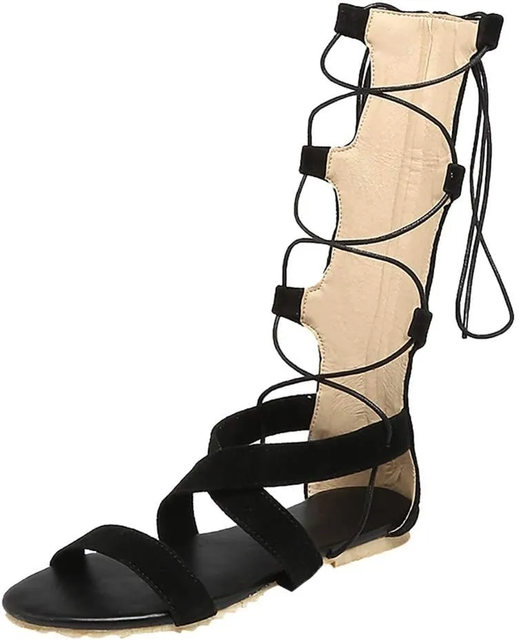 Gladiator Sandals for Women Flat,Women Gladiator Sandals Flat Summer Strappy Lace-Up Open Toe Knee High Flat Sandal