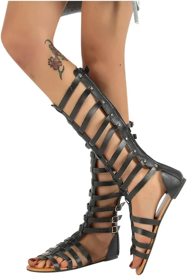 Gladiator Sandals for Women Flat,Women Gladiator Sandals Flat Summer Strappy Lace-Up Open Toe Knee High Flat Sandal