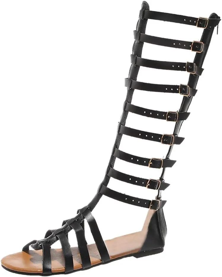 Gladiator Sandals for Women Flat,Women Gladiator Sandals Flat Summer Strappy Lace-Up Open Toe Knee High Flat Sandal