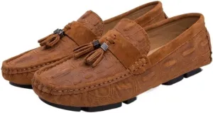 HOOENG Men's Loafers Shoes Faux Crocodile Print Solid Colors Tassel Leather Slip Resistant Lightweight Comfortable Party Slip-ons (Color : Light Brown, Size : 10)