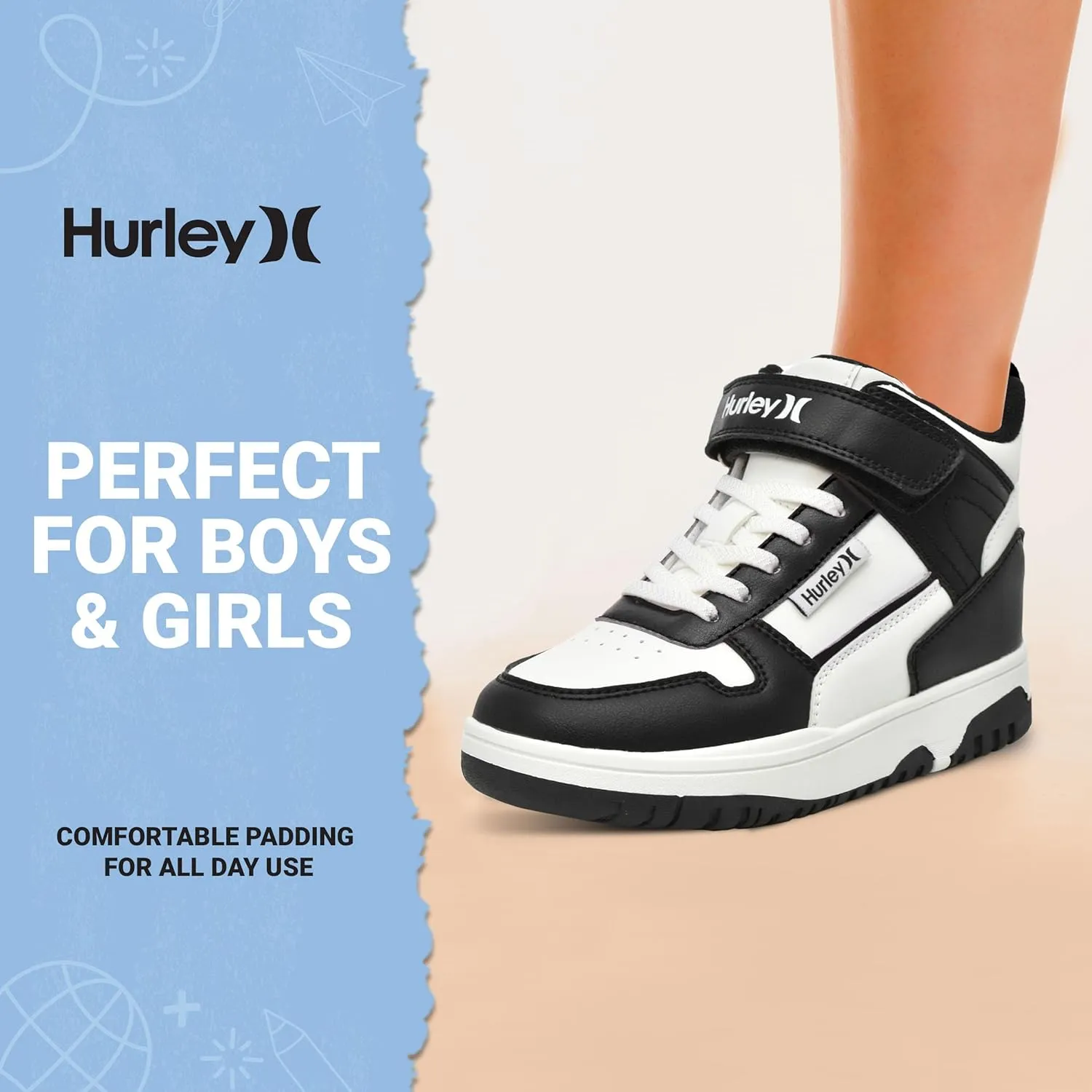 Hurley Kids' Carson High-Top Sneakers with Adjustable Strap, High Top Shoes for Kids, Sturdy Padded High Cut Sneakers for Boys and Girls, Fashionable Basketball Shoes for Kids