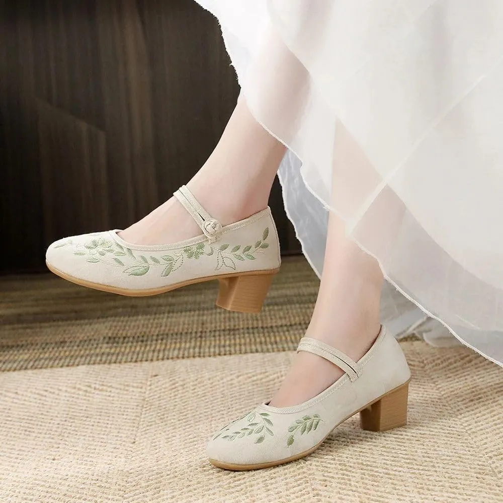 JYHBHMZG 4Cm Block Heels Women Cotton Embroidered Shoes Elegant Soft Comfortable Retro Costume Pumps White Beige