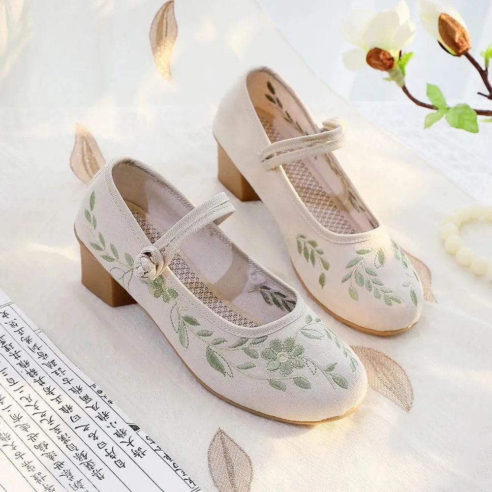 JYHBHMZG 4Cm Block Heels Women Cotton Embroidered Shoes Elegant Soft Comfortable Retro Costume Pumps White Beige