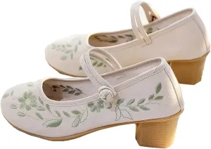 JYHBHMZG 4Cm Block Heels Women Cotton Embroidered Shoes Elegant Soft Comfortable Retro Costume Pumps White Beige
