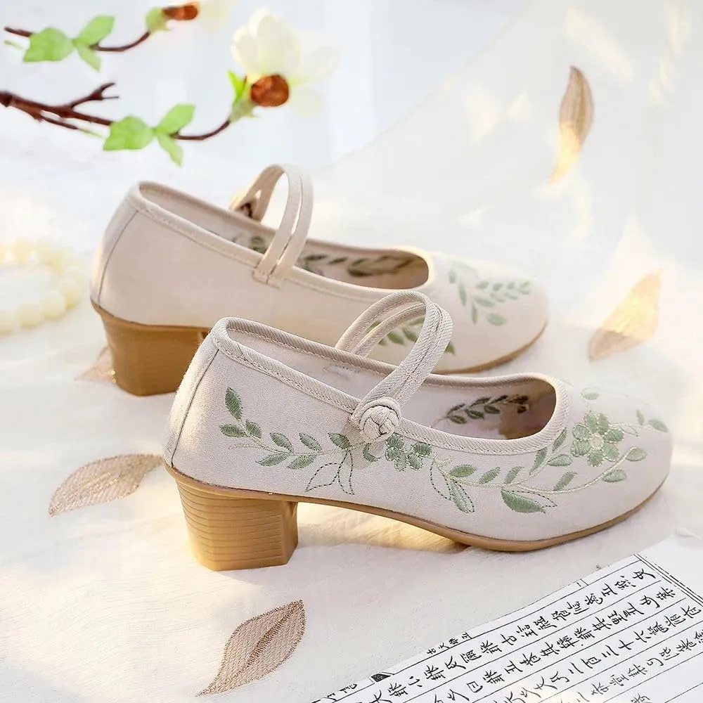 JYHBHMZG 4Cm Block Heels Women Cotton Embroidered Shoes Elegant Soft Comfortable Retro Costume Pumps White Beige