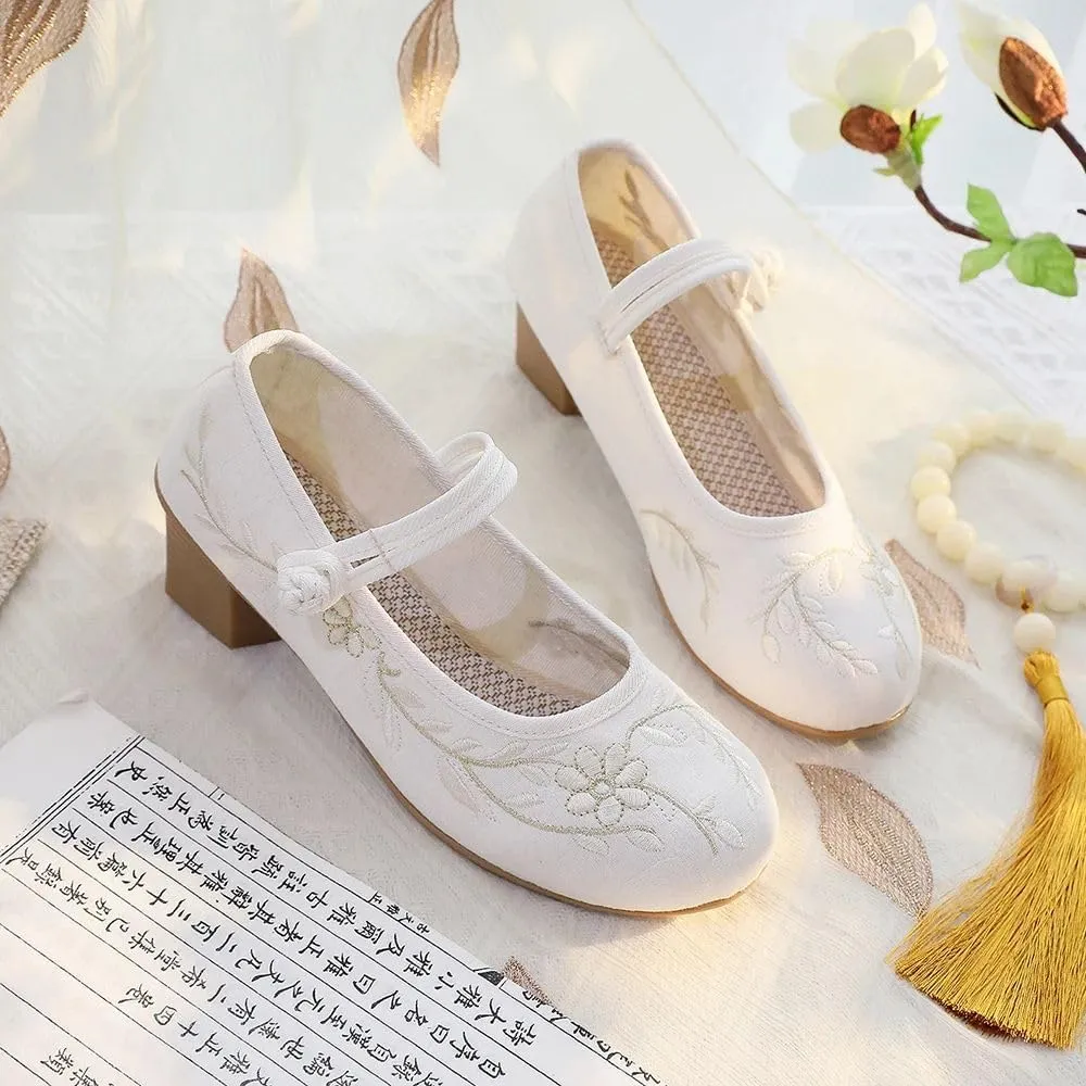 JYHBHMZG 4Cm Block Heels Women Cotton Embroidered Shoes Elegant Soft Comfortable Retro Costume Pumps White Beige