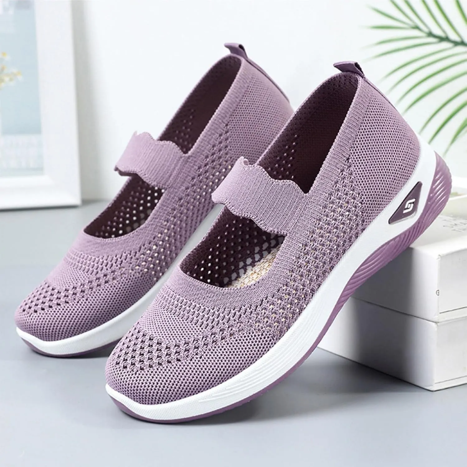 Kubbon Women Footwear Orthopedic Sneakers Woven Breathable Slip On Arch Support Walking Shoes Anti-Skid Sports Shoes Casual Running Diabetic Foam Sneakers