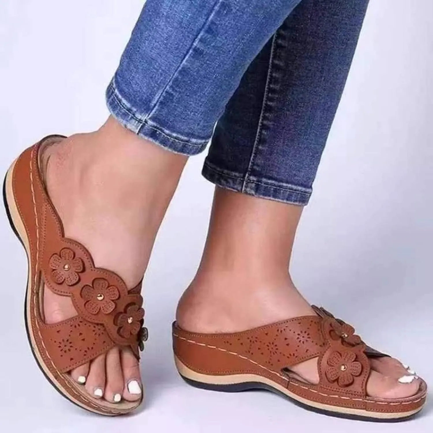 Ladmiple Sandals Women 2023 Fashion Flower Orthopedic Flip Flops with Arch Support Slippers Casual Roman Open Toe Shoes