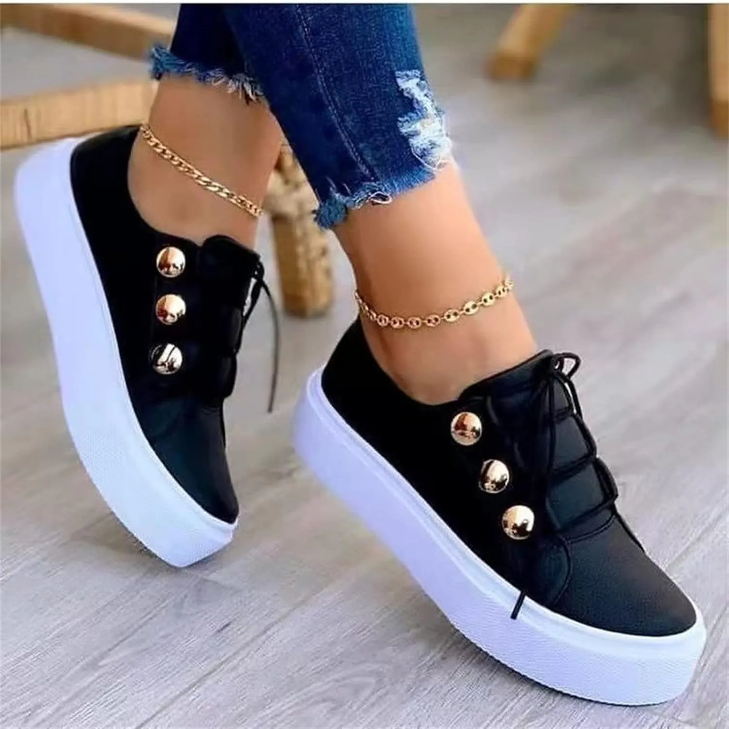 Ladmiple Shoes For Women Sneakers Slip Ons PU Leather Shoes Low Top Lace Up Casual Fashion Walking Platform Flats Loafer